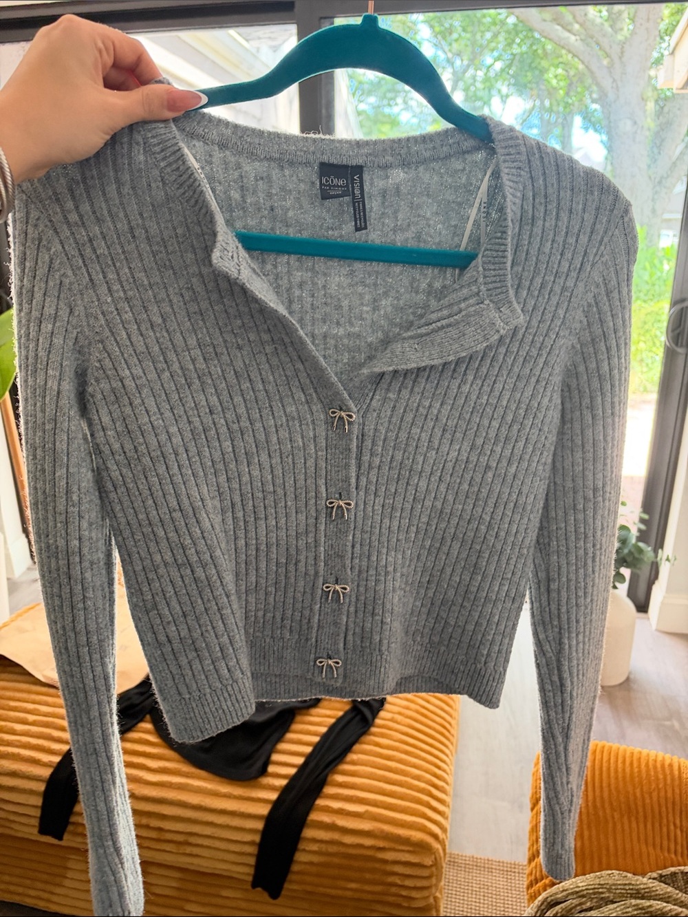 ICON Light Gray Ribbed Knit Cardigan with Bow-Style Buttons